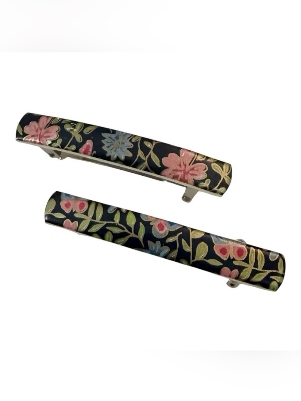 1970’s Vintage French‎ Hair Clips with a Feminine Black Floral Motif, Deadstock